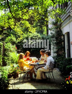 ANNÉES 1970, PÈRE-MÈRE DES ANNÉES 1980 AVEC DEUX ENFANTS ADOLESCENTS ASSIS PATIO DE L'ARRIÈRE-COUR MANGER UN REPAS DE PETIT-DÉJEUNER FAMILIAL ENSEMBLE - KF17573 TEU001 HARS DAD QUATRE REPAS PETIT DÉJEUNER MOM NOSTALGIQUE PAIRE 4 BEAUTÉ SUBURBAIN VILLE COULEUR PARTAGE MÈRES VIEUX TEMPS NOSTALGIE FRÈRE VIEILLE MODE SOEUR 1 COUR JUVÉNILE COMMUNICATION FILS FAMILLES JOIE STYLE DE VIE FEMMES FRÈRES MARIÉS PATIO CONJOINT MARI VIE À LA MAISON ESPACE DE COPIE PLEINE LONGUEUR DEMI-LONGUEUR FEMMES FILLES PERSONNES S'OCCUPANT HOMMES ADOLESCENTS FILLE ADOLESCENT GARÇON FRÈRES ET SŒURS PÈRES PARTENAIRE BONHEUR LOISIR FORCE CHOIX DADS APPRÉCIANT L'OCCASION DE L'EXTÉRIEUR DE FRÈRE OU DE SŒUR Banque D'Images