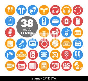 Périphériques multimédia et symboles ensemble d'icônes glyphes blanches. Symbole graphique pour la conception, le logo, l'application, l'interface utilisateur du site Web et des applications audio et musicales Illustration de Vecteur