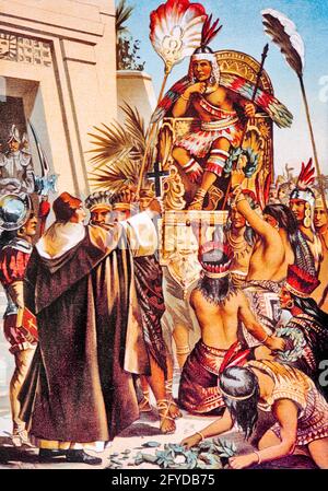 1510S MONTEZUMA II AZTEC DIRIGEANT PORTÉ ASSIS DANS SON TRÔNE CONFRONTÉ PAR LES CONQUISTADORS ESPAGNOLS PRÊTRE CATHOLIQUE TENANT LA CROIX - KH13536 NAW001 HARS MEXIQUE DÉCOUVERTE AVENTURE SA STRATÉGIE DE FORCE CONFRONTATION DE DIRIGEANT LEADERSHIP FAIBLE ANGLE PROGRÈS FIERTÉ DE L'AUTORITÉ OCCUPATIONS POLITIQUE CONCEPTUELLE TRÔNE DEUXIÈME CONQUÊTE ÉLÉGANTE AMÉRINDIENNE FACE PORTÉ CONQUISTADORORS MORTS AUTOCHTONES AMÉRICAINS 1510S 1520 ORIGINE ETHNIQUE CATHOLIQUE CAUCASIENNE MALADIE D'AMÉRIQUE CENTRALE LA VARIOLE INDIGÈNE À L'ANCIENNE DE MONTEZUMA Banque D'Images