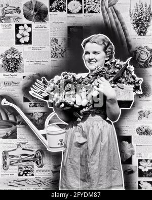 FEMME DES ANNÉES 1930 PORTANT DES PANIERS DE FLEURS POUR PLANTER DES OUTILS DE JARDIN ET ARROSER PEUT SUR LE FOND DE LA PAGE DU CATALOGUE DE JARDINAGE - S8916 HAR001 HARS SANTHINESS HOME VIE NATURE COPY SPACE FEMMES DEMI-LONGUEUR PERSONNES AGRICULTURE CONFIANCE AGRICULTURE B&W JARDINIER AU FOYER BONHEUR ACCUEIL GAIE ET EXCITATION COMPOSITE LES AGRICULTEURS ORGURENT LES FEMMES AU FOYER OCCUPATIONS SOURIRES PAGE CONCEPTUELLE JOYFUL ÉLÉGANT PANIERS CATALOGUE ARGENT ÉCONOMIE AUTO-SUFFISANTE JEUNE FEMME ADULTE NOIR ET BLANC CAUCASIEN ÉCONOMIE ETHNIQUE HAR001 VIEUX À LA MODE Banque D'Images