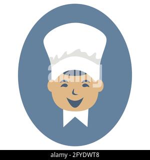 Icône de cuisinier drôle sur fond d'ellipse bleue. Jeune cuisinier dans le chapeau du chef. Vue avant. Chef souriant. Illustration vectorielle isolée sur fond blanc Illustration de Vecteur