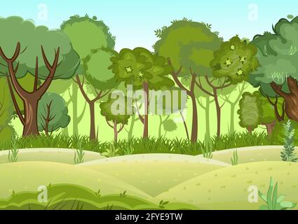 Paysage forestier d'été. Épaississement léger et brumeux. Feuillage dense. Collines pré au bord. Vue sur les arbres verts. Style dessin animé plat. Illustration de la nature Illustration de Vecteur