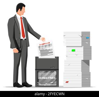 Homme employé de bureau déchiquetage de documents. Illustration de Vecteur