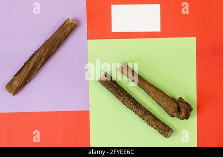 Commercialisation et publicité des produits animaux concept. Gâteries pour chiens et carte de visite sur un fond coloré. Bâtonnets d'estomac de bœuf séchés. Naturellement drie Banque D'Images