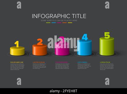 Modèle d'infographique vectoriel sombre multi-usage réalisé à partir de pas de cylindre de couleur tableau des niveaux de croissance avec descriptions des numéros et légende - sombre Illustration de Vecteur