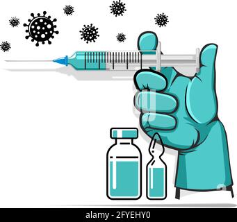 La main du médecin ou de l'infirmière dans un gant médical fait vacciner contre le coronavirus. Flacon et flacon contenant le médicament pour COVID-19. Modèle d'affiche ou site Web Illustration de Vecteur