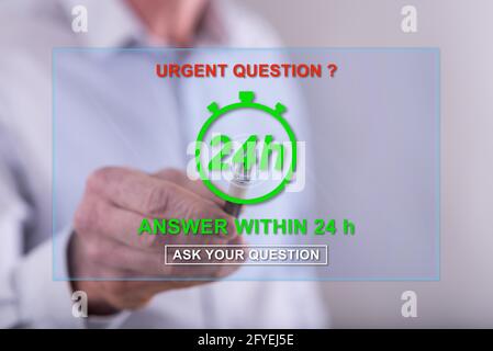 Homme touchant un concept de questions urgentes sur un écran tactile avec son doigt Banque D'Images