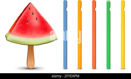 Jeu de bâtonnets de popsicle réalistes. Morceau de pastèque sur bâton de popsicle. Illustration vectorielle, saison d'été. Illustration de Vecteur