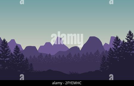 La vue panoramique sur les montagnes le matin avec une belle silhouette des pins environnants. Illustration vectorielle d'une ville Illustration de Vecteur