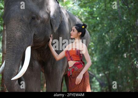 Belle jeune femme asiatique vêtue de la robe traditionnelle indigène et Éléphant dans la forêt du village de Surin en Thaïlande Banque D'Images