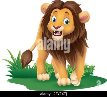 Dessin animé lion heureux dans l'herbe Illustration de Vecteur