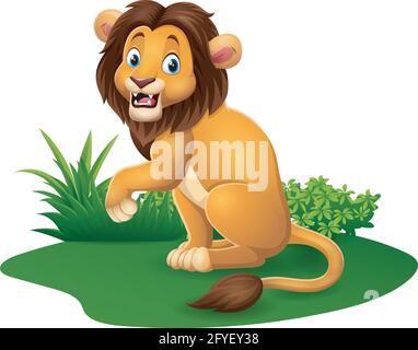Dessin animé lion heureux posant dans l'herbe Illustration de Vecteur