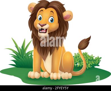 Dessin animé lion drôle assis dans l'herbe Illustration de Vecteur