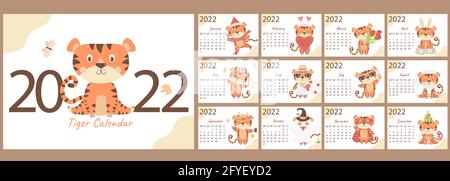 Modèle de calendrier de l'année 2022. Un ensemble de 12 pages et une couverture avec un joli tigre. La semaine commence le lundi. Année du tigre en chinois ou en Orient Illustration de Vecteur