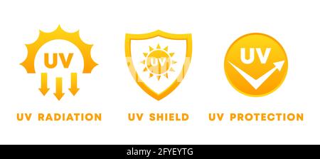 Icône rayons UV définie. Protection UV, rayonnement et panneau de protection. Sun danger et crème solaire. Symboles de soleil jaunes. Produit de soins pour la peau Illustration de Vecteur