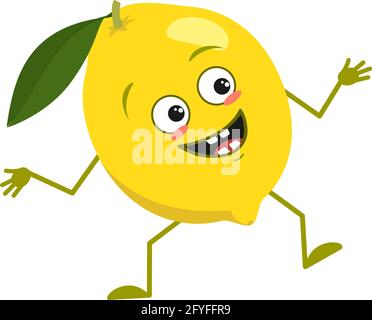 Mignon personnage de citron avec des émotions de joie, visage souriant, les yeux heureux, les bras et les jambes. Un fruit d'agrumes de vitamine espiègle avec les yeux. Une cuisine joyeuse Illustration de Vecteur