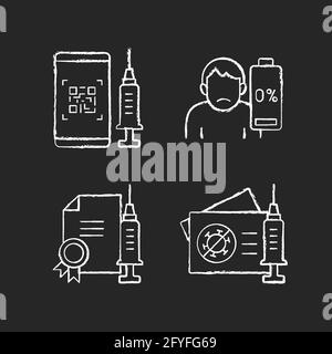 Les icônes blanches de la craie de qualité du vaccin Covid apparaissent sur fond noir Illustration de Vecteur