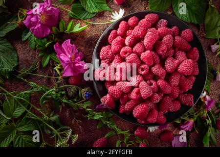 L'été encore la vie avec, framboises, fleurs, et herbes de prairie. Vue du dessus. Banque D'Images