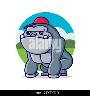 Dessin animé mignon roi kong gorilla portant une casquette rouge avec la nature arrière-plan de la forêt Illustration de Vecteur