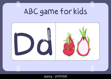 Mini-jeux d'alphabet pour enfants en style dessin animé avec la lettre D - fruit dragon. Illustration vectorielle pour la conception de jeux - couper et jouer. Apprenez l'abc avec des cartes flash de fruits et légumes. Illustration de Vecteur