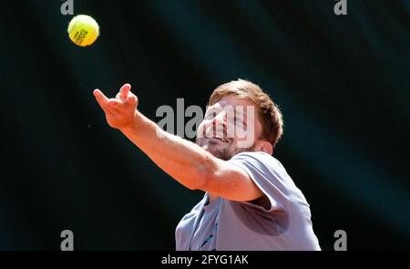 David Goffin belge photographié lors d'une session de formation à l'Open de tennis de Roland Garros, à Paris, France, vendredi 28 mai 2021. Cette année Banque D'Images