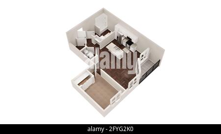 Vue de dessus du plan d'étage 3D. Intérieur de l'appartement isolé sur fond blanc. Banque D'Images