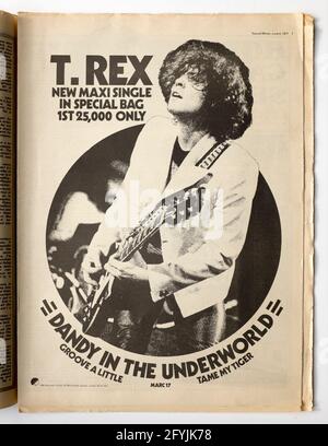 Advet pour T Rex Record Dandy dans le monde inférieur Single dans Record Mirror 1977 Banque D'Images