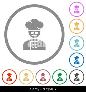 chef cuisinier avec des lunettes et des symboles de couleur plate moustaches dans contours arrondis sur fond blanc Illustration de Vecteur