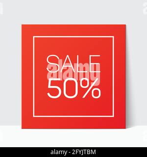 carte de vente à 50 %, appuyée contre le mur blanc. Prospectus de réduction en forme de carré rouge, motif vectoriel. Illustration de Vecteur