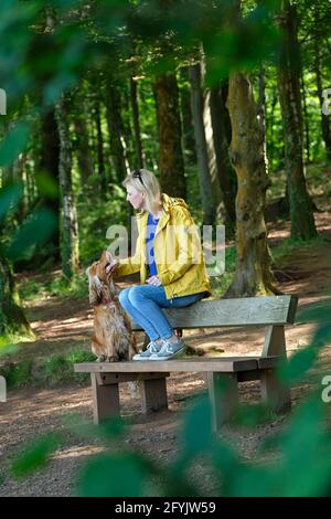 Femme en train de se détendre, assise sur un banc dans une forêt avec son chien d'épagneul cocker Banque D'Images