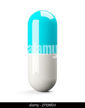 Capsule de pilule bleue et blanche sur fond blanc, traitement médical, concept pharmaceutique ou médicamenteux, illustration 3D Banque D'Images