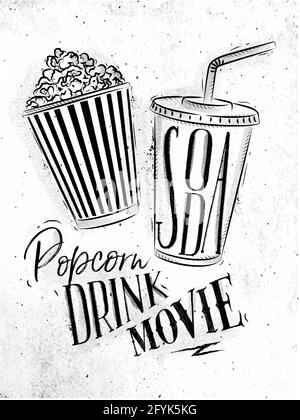 Affiche cinéma encas lettrage pop-corn, boisson, film dans le style vintage dessin papier sale arrière-plan Illustration de Vecteur