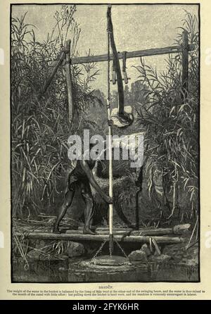 SHADUF. (Pompe à eau primitive du Nil) le poids de l'eau dans le seau est équilibré par la boue du Nil à l'autre extrémité du faisceau oscillant, et l'eau est ainsi élevée à l'embouchure du canal avec peu d'effort : Mais il est difficile de tirer le seau et la machine est ruineusement extravagante dans le travail gravure de bois de 'la Palestine pittoresque, le Sinaï et l'Egypte' par Wilson, Charles William, Sir, 1836-1905; Lane-Poole, Stanley, 1854-1931 Volume 4. Publié en 1884 par J. S. Virtue and Co, Londres Banque D'Images