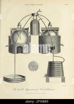 Méthodes de distillation gravure de Copperplate de l'Encyclopedia Londinensis or, Dictionnaire universel des arts, des sciences et de la littérature; Volume V; édité par Wilkes, Jean. Publié à Londres en 1810 Banque D'Images