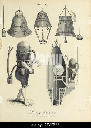 Machines de plongée (cloches) gravure de Copperplate de l'Encyclopedia Londinensis or, Dictionnaire universel des arts, des sciences et de la littérature; Volume V; édité par Wilkes, Jean. Publié à Londres en 1810 Banque D'Images