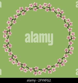 Couronne de fleurs colorées.couronne délicate de branches de sakura.fleurs dessinées à la main, cercle Cadre de fleurs de couleurs roses sur l'olive.Design pour invitati Banque D'Images