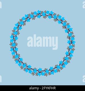 Couronne de fleurs colorées. Couronne délicate de branches de sakura. Fleurs fleurir main dessinée, cadre circulaire de couleur cyan et grise fleurs sur céleste. Des Banque D'Images
