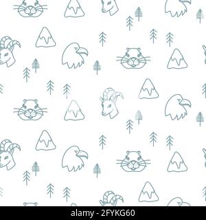 Montagne hiver animaux style scandinave simple contour. Faune alpine de la forêt sans couture Illustration de Vecteur