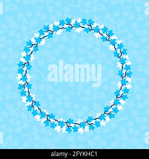 Couronne de fleurs colorées. Couronne délicate de branches de sakura. Fleurs fleuries dessinées à la main, cadre circulaire de couleur cyan et blanche fleurs sur bac céleste Banque D'Images