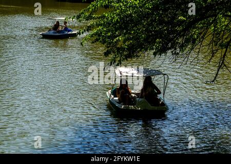 Bucarest, Roumanie - 17 août 2020 : les jeunes font du bateau à aubes sur le lac Cismigiu, à Bucarest. Banque D'Images