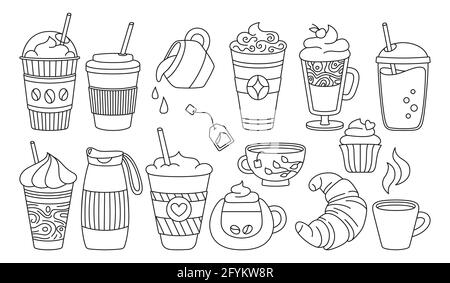 Ensemble de dessin animé noir pour tasse à café. Plat à la mode, plusieurs tasses à emporter. Verre boissons mousse, croissant. Chocolat chaud, thé en verre. Une collection d'icônes de tasses à café jetables différente. Illustration vectorielle Illustration de Vecteur