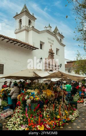 Marché aux Fleurs et Iglesia del Carmen de Ascuncion, Cuenca, Équateur Banque D'Images