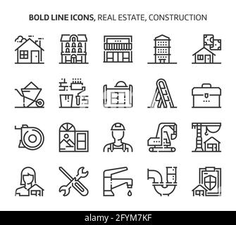 Immobilier, icônes en gras. Les illustrations sont un vecteur, trait modifiable, 48x48 pixels fichiers parfaits. Conçu avec précision et yeux pour une qualité optimale. Illustration de Vecteur