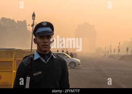 portrait d'un soldat de l'armée indienne pendant les répétitions de parade pour la journée de la république indienne à delhi. Banque D'Images