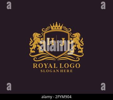 Modèle HJ Letter Lion Royal Luxury logo en illustrations vectorielles pour les restaurants, les Royalty, les boutiques, les cafés, les hôtels, Héraldique, bijoux, mode et autre vecteur il Illustration de Vecteur