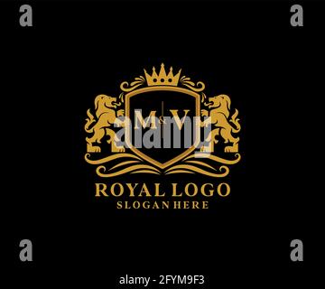 Modèle de logo MV Letter Lion Royal Luxury dans les illustrations vectorielles pour les restaurants, les royalties, les boutiques, les cafés, les hôtels, Héraldique, bijoux, mode et autre vecteur il Illustration de Vecteur