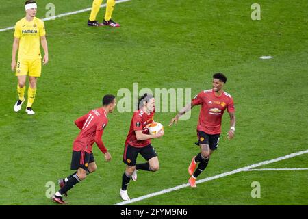 Gdansk, Pologne. 26 mai 2021. Mason Greenwood, Edison Cavani et Marcus Rashford de Manchester United célèbrent un but lors de la finale 2021 de l'UEFA Europa League entre Villarreal CF et Manchester United à Gdansk Arena.(score final; Villarreal CF 1:1, 11:10 sur pénalités Manchester United) crédit : SOPA Images Limited/Alay Live News Banque D'Images