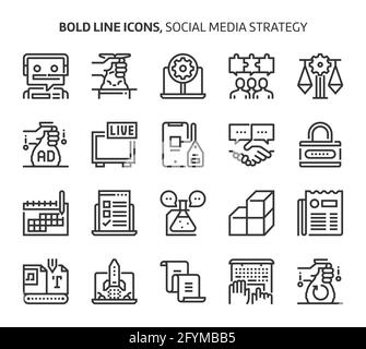 Stratégie de médias sociaux, icônes en gras. Les illustrations sont un vecteur, trait modifiable, 48x48 pixels fichiers parfaits. Conçu avec précision et yeux pour Illustration de Vecteur