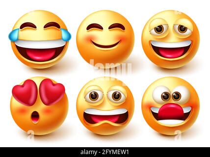 Ensemble de vecteurs de smileys emoji. Émoticone 3d Smiley icône avec rire, sourire, drôle et contrarié humeur expressions faciales isolées. Illustration de Vecteur