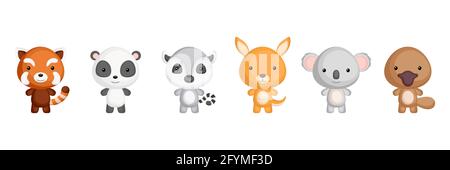 Collection de petits animaux de style dessin animé. Personnages animaux mignons pour les cartes d'enfants, douche de bébé, invitation d'anniversaire, intérieur de maison. Colore brillant Illustration de Vecteur